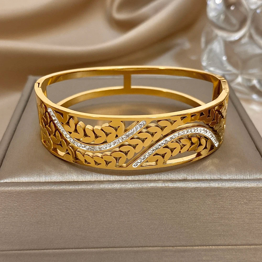 Greatera Wide Bracelet Half a Circle of Hollowed-out Entwined Branches White Rhinestone Chunky Stainless Steel Women's Bangles