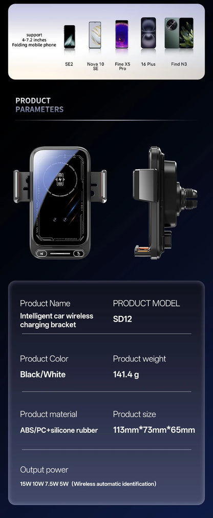 Car Phone Charger Phone Holder 15W Wireless & Wired Charger Auto Sensing One-Touch Release and Rotation Qi FCC ROHS Certified