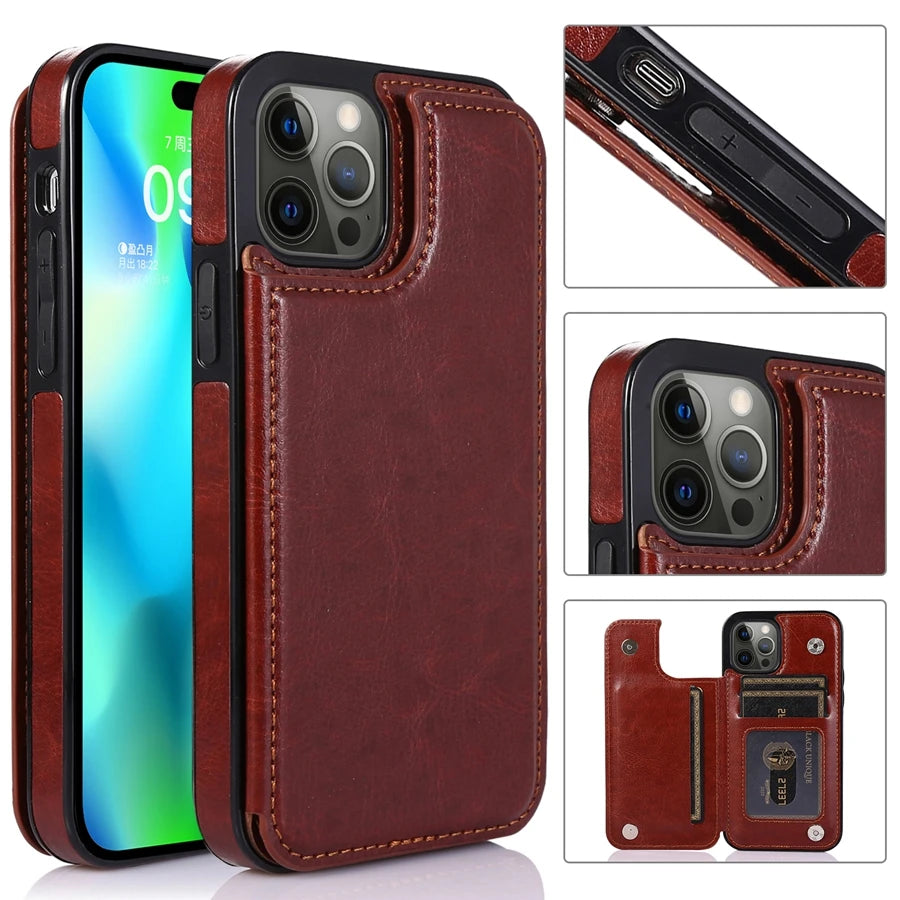 Wallet Double Button With Card Slot Stand Flip Leather Case For iPhone 16e 16 Pro Max 15 Plus 14 13 12 Mini 11 SE3 SE2 X XR 8 7