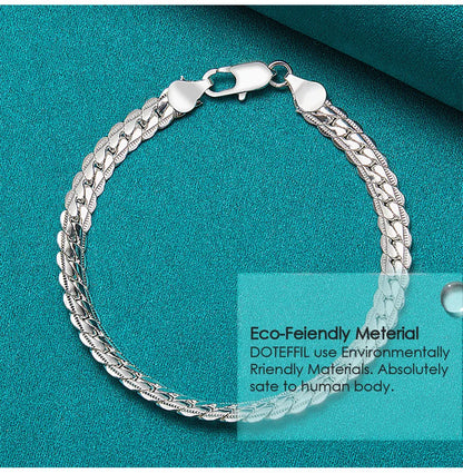 DOTEFFIL 925 Silver Bracelet 6mm 18/19/20cm Flat Side Chain Lobster Clasp For Woman Man Wedding Engagement Jewelry