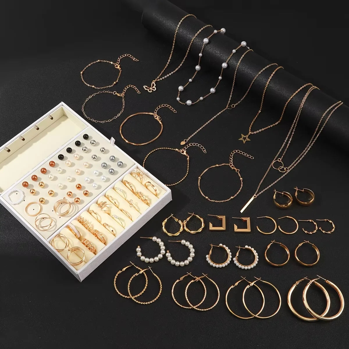 92Pcs Women's Fashion Jewelry Set Contain Hoop Earrings、Stud Earrings、Bracelet、Necklace and Ring，Versatile Daily Jewelry