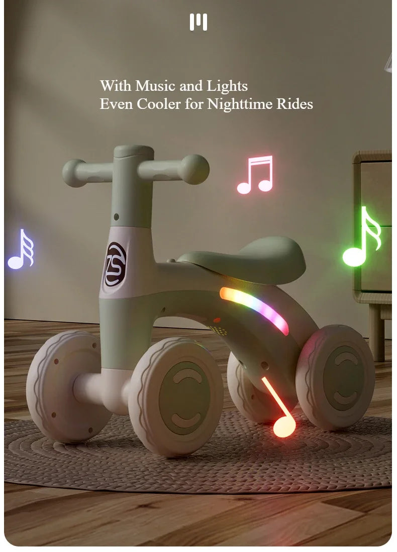 Anti-Tip Baby Balance Bike Ages 1-3 4-Wheel Silent Glider Walker Toy Toddler Training Ride-On with Safety Wheels Indoor Outdoor