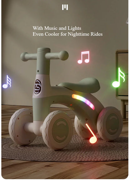 Anti-Tip Baby Balance Bike Ages 1-3 4-Wheel Silent Glider Walker Toy Toddler Training Ride-On with Safety Wheels Indoor Outdoor