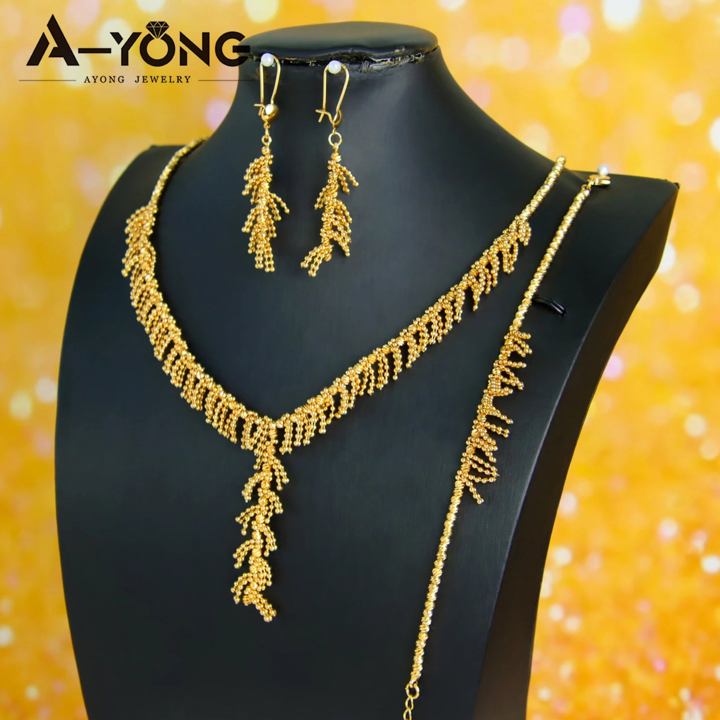 Gold Plated Tassel Wheat Necklace Set 21k Gold Color Saudi Chic Bohemian Choker Italian Women Wedding Party Jewelry
