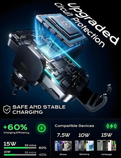 Wireless Car Charger, 2025 Upgrade 15W Fast Charging Auto Clamping Car Phone Holder Charger, Phone Holders for car Mount