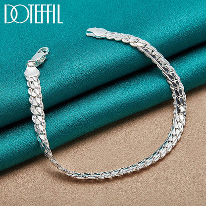 DOTEFFIL 925 Silver Bracelet 6mm 18/19/20cm Flat Side Chain Lobster Clasp For Woman Man Wedding Engagement Jewelry