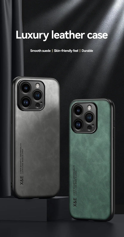 Luxury Leather Case For iPhone 17 16 16e 15 14 13 12 11 Pro Max Plus 12 13 Mini SE 8 7 Cover With Metal Plate Support Car Hold