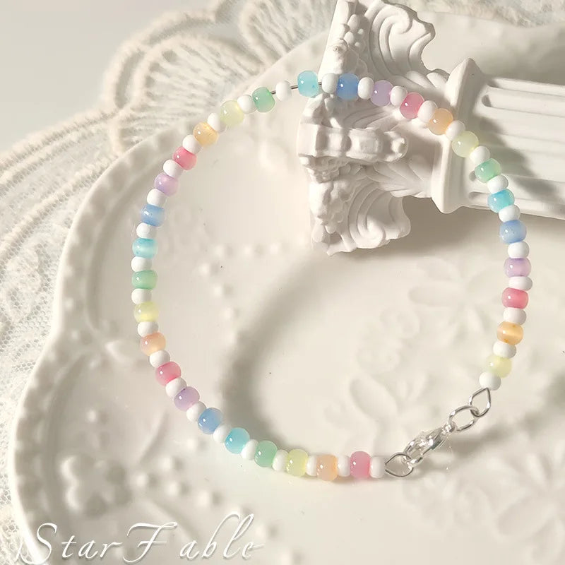 Fresh and Sweet Rainbow Colored Bead Bracelet with Cat's Eye and Rice Bead Design Niche and Versatile Bracelet Accessory Браслет