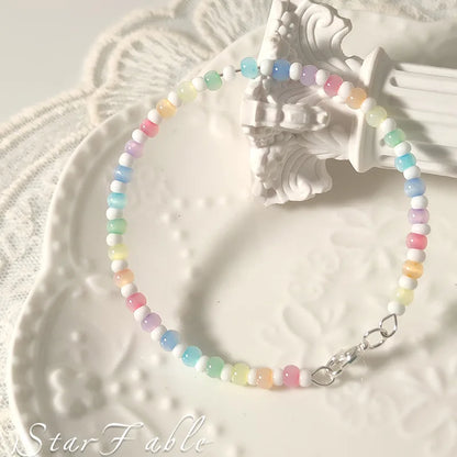 Fresh and Sweet Rainbow Colored Bead Bracelet with Cat's Eye and Rice Bead Design Niche and Versatile Bracelet Accessory Браслет