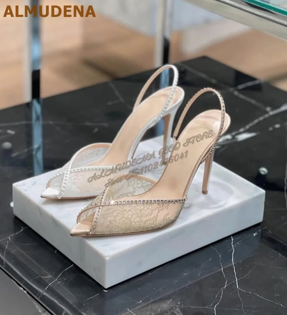 ALMUDENA Lace Flowers Mesh Crystal Sandals Stiletto Heel Pointed Toe Bling Bling Rhinestone Slingback Wedding Shoes Floral Pumps