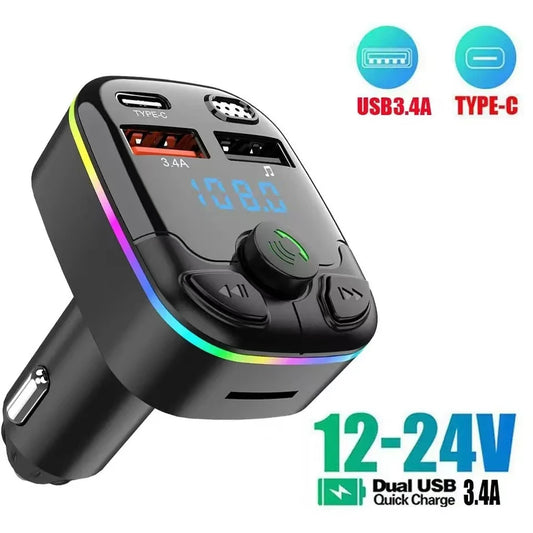 Car Charger FM Transmitter Bluetooth 5.0 PD Type-C Dual USB Ambient Player Handsfree MP3 Charger Type-C Wireless Light