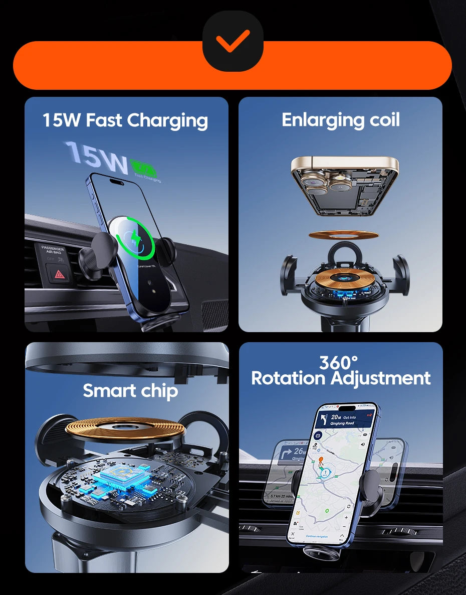 Wireless 15W Car Charger Air Vent Phone Holder 360 Ritation AdjustmentSuper Fast Charging Station for iPhone 16 15 14 13 12