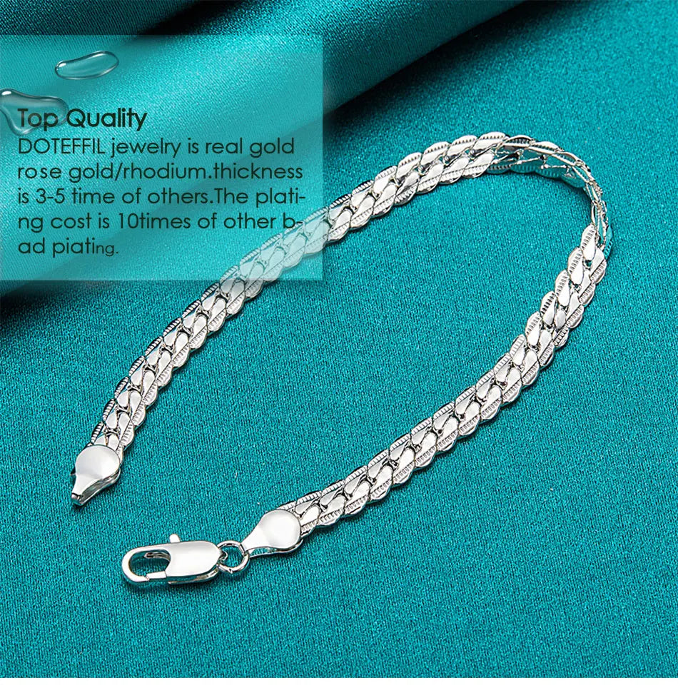 DOTEFFIL 925 Silver Bracelet 6mm 18/19/20cm Flat Side Chain Lobster Clasp For Woman Man Wedding Engagement Jewelry