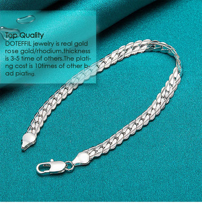 DOTEFFIL 925 Silver Bracelet 6mm 18/19/20cm Flat Side Chain Lobster Clasp For Woman Man Wedding Engagement Jewelry