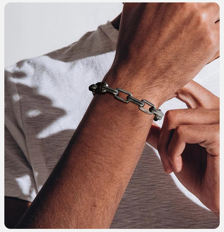 Vnox Punk Heavy Rectangular Link Chain Bracelets for Men Teens Boys, Vintage Oxidized Paperclip Chain Wristband, Chunky Jewelry