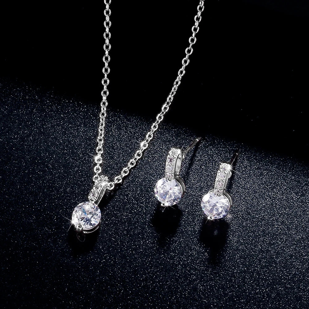 Elegant Bridal Wedding Jewelry Sets Female Round Clear Crystal Zirconia Pendant Necklace Earrings Party Jewellery for Women