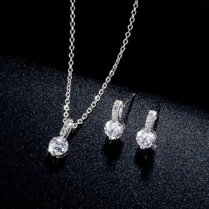 Elegant Bridal Wedding Jewelry Sets Female Round Clear Crystal Zirconia Pendant Necklace Earrings Party Jewellery for Women