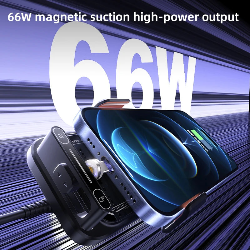 Car Phone Charger Phone Holder 66W Wireless & Wired Charger Auto Sensing One-Touch Release and Rotation Qi FCC ROHS Certified
