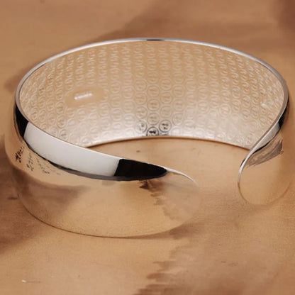 Simple Glossy Talisman 925 Silver Bracelet Women's Ethnic Style Fashion Wide Bracelet Open Stacked Jewelry