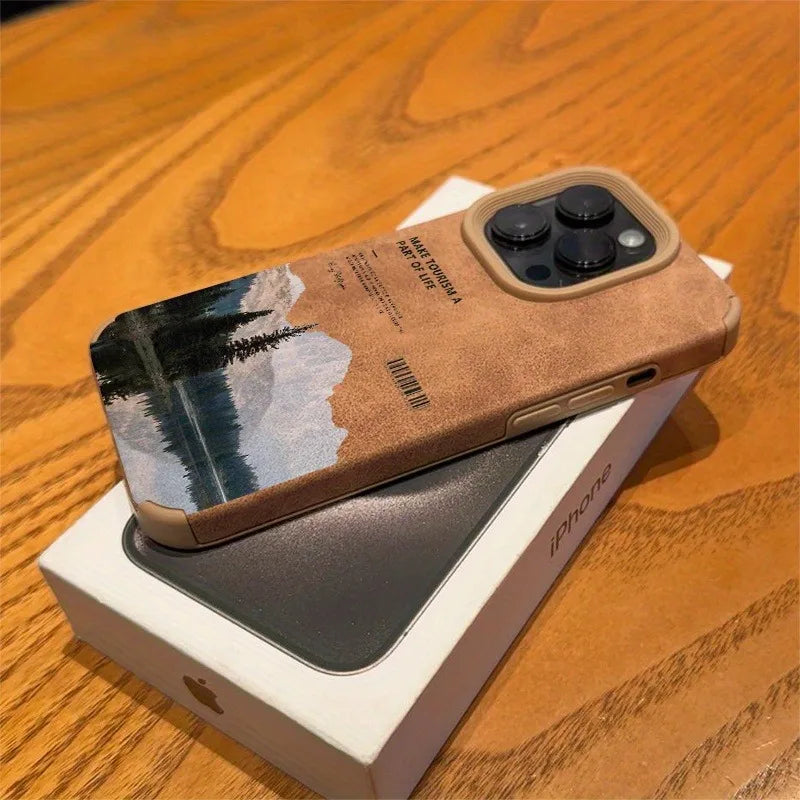 For iPhone 17 16 Pro Max 15 14 13 12 11 Case Mountain Motif Lake Scenery Cover For iPhone XS Max XR X 16 Plus Faux Leather Funda