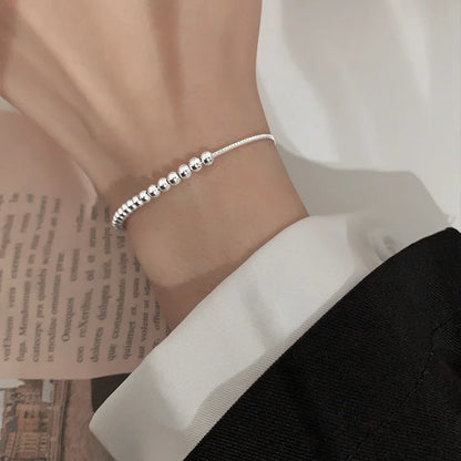 100% Solid 925 Sterling Silver Metal Bracelets for Women Men Beads Adjuatable Handmade Simple Bracelet Birthday Christmas Gift