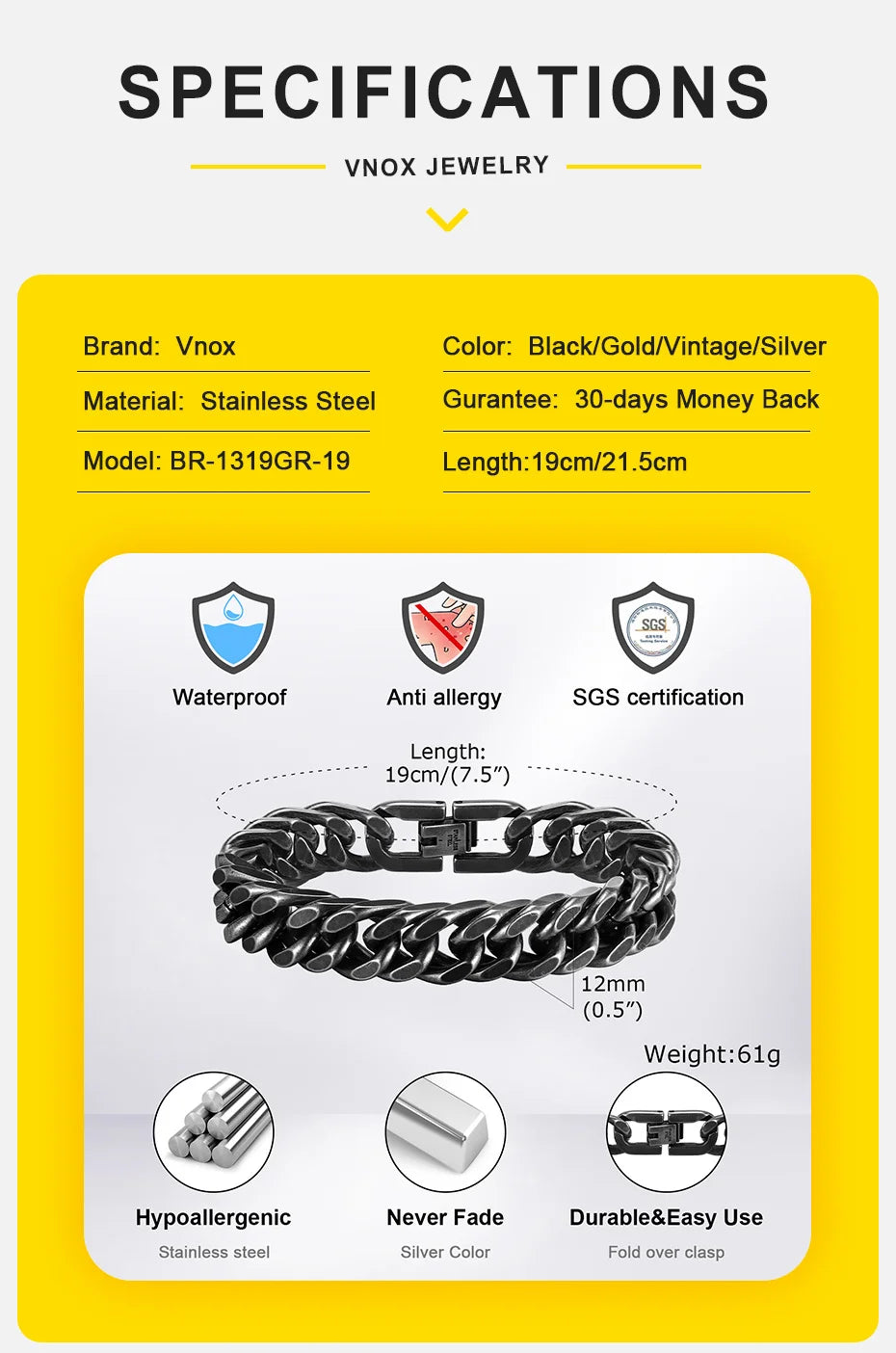 Vnox 8mm/12mm Bold Heavy Stainless Steel Cuban Bracelets for Men Boys,Oxidized Metal Wristband,Punk Rock Chain Bracelet Jewelry