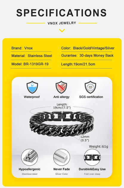 Vnox 8mm/12mm Bold Heavy Stainless Steel Cuban Bracelets for Men Boys,Oxidized Metal Wristband,Punk Rock Chain Bracelet Jewelry