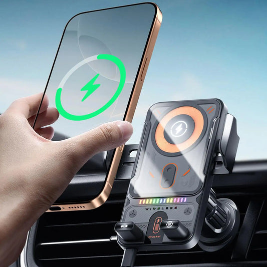 Car Air Vent Electric Rotating Opening Closing Phone Holder Fast Charging 15W Wireless Charger Dua l Coil RGB Light Smart Phones