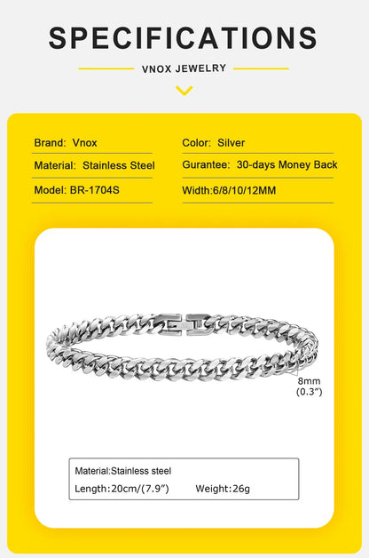 Vnox 6/8/10/12mm Cuban Chain Bracelets for Men Women, Solid Stainless Steel Curb Link Chain Wristband Jewelry
