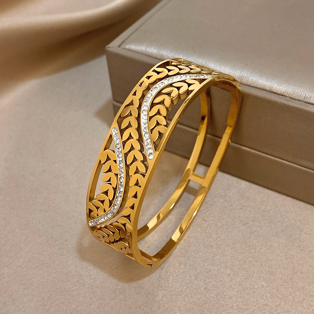 Greatera Wide Bracelet Half a Circle of Hollowed-out Entwined Branches White Rhinestone Chunky Stainless Steel Women's Bangles