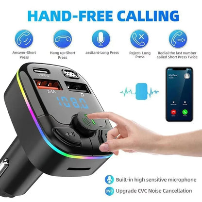 Car Charger FM Transmitter Bluetooth 5.0 PD Type-C Dual USB Ambient Player Handsfree MP3 Charger Type-C Wireless Light