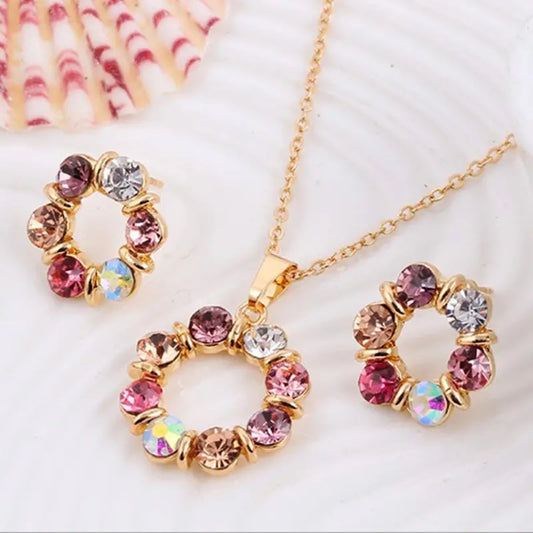 3pcs Gold Necklace Earrings Set Ladies Celebrity Simple Fashion Style Exquisite Stained Glass Diamond Circle Shape Jewelry
