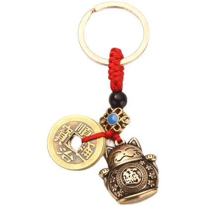 1Pc Vintage Pure Handmade Lucky Cat Car Keychain Lucky Cat Five Emperors Money Keychain Feng Shui Coins Solid Lucky Key Ring