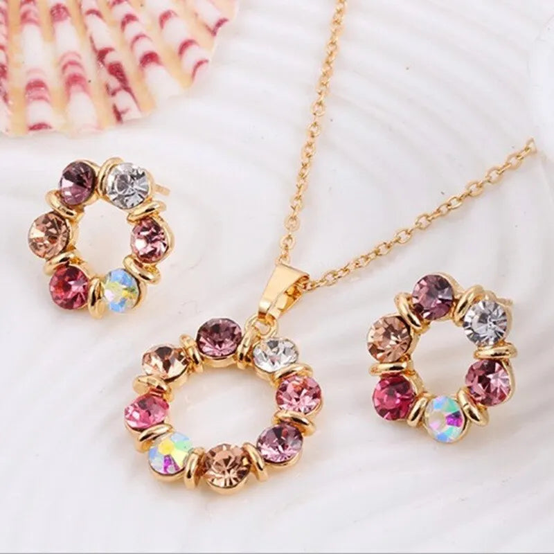 3pcs Gold Necklace Earrings Set Ladies Celebrity Simple Fashion Style Exquisite Stained Glass Diamond Circle Shape Jewelry