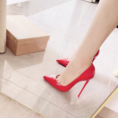 New shallow classic patent leather 12cm fashionable and versatile work high heels nude 10cm thin heel plus size 33-46