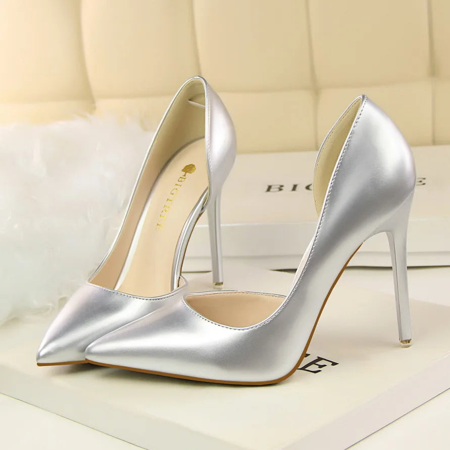 Women 7.5cm 10.5cm High Heels Yellow Pumps Office Stiletto Wedding Bridal Scarpins Short Heels Lady Hollow Party Shoes