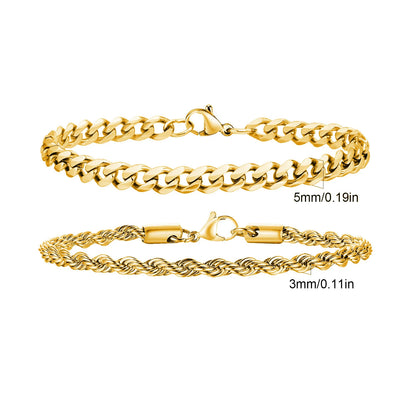 2pcs Men's Chain Bracelets,Stainless Steel Silver Gold Black Color Twist Rope Chain Wristband,Trendy Cuban Link Chains Gift