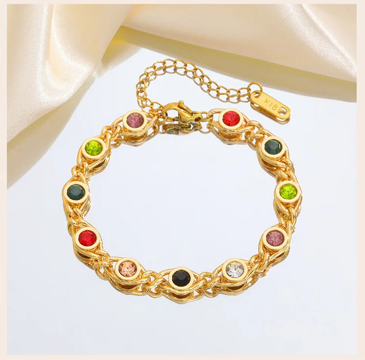 Colorful Zircon Bracelet for Women, 18k Gold Plated Birthstone Bangle, Waterproof Chain Jewelry
