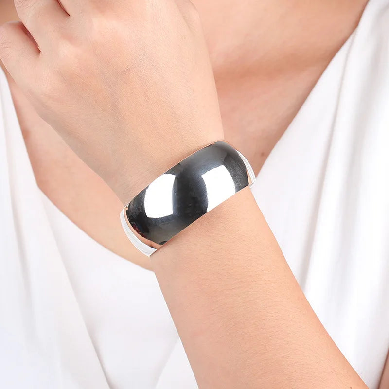 Simple Glossy Talisman 925 Silver Bracelet Women's Ethnic Style Fashion Wide Bracelet Open Stacked Jewelry