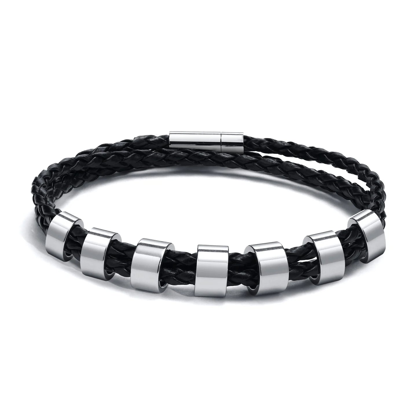 Vnox Free Custom Name Mens Braided Genuine Leather Bracelet Gifts Jewelry,Stainless Steel Beads Charm with Family Names,Dad Gift