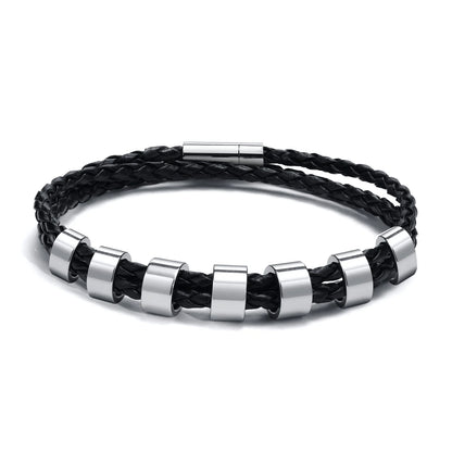 Vnox Free Custom Name Mens Braided Genuine Leather Bracelet Gifts Jewelry,Stainless Steel Beads Charm with Family Names,Dad Gift