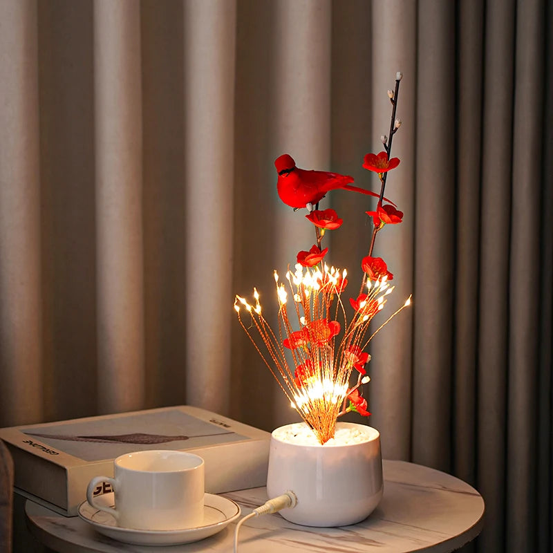 LED Flower and Bird Potted Lamp, Artificial Flower Table Lights, for Camping Gift Living Room Bedroom Mother Home Decor Lamp