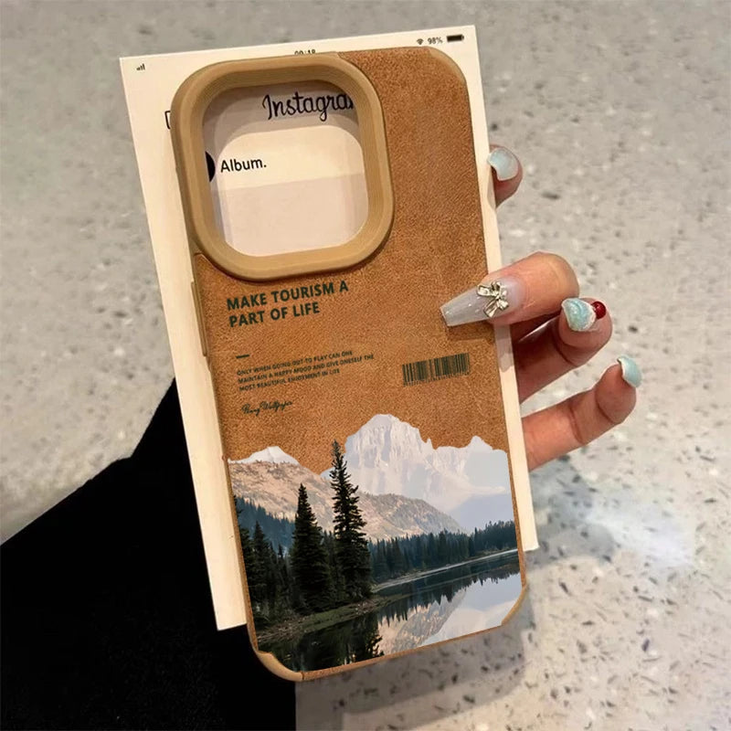For iPhone 17 16 Pro Max 15 14 13 12 11 Case Mountain Motif Lake Scenery Cover For iPhone XS Max XR X 16 Plus Faux Leather Funda