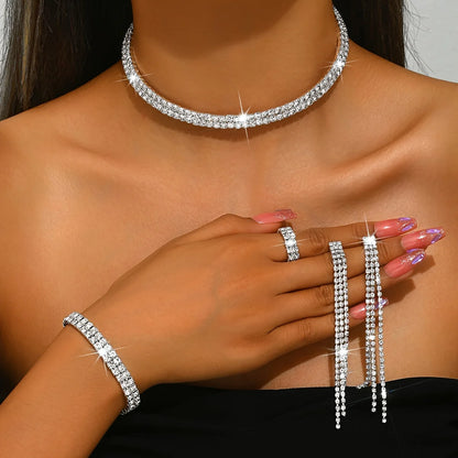 5pcs Luxurious Rhinestone Jewelry Set for Women,Choker, Earrings, Stretch Bracelet & Ring for Weddings, Banquets & Parties