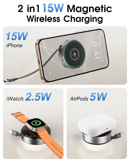 3-in-1 Wireless Charger Zinc Alloy Portable Wireless Charger Retractable Cable Magnetic Wireless Charger Wireless Charger Stand