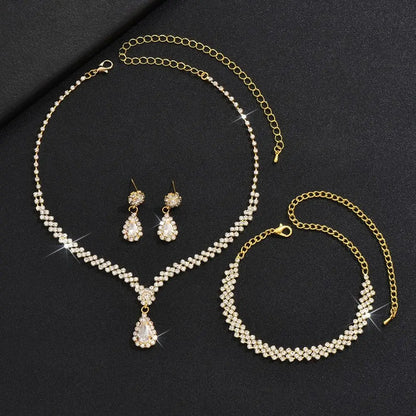 Vintage Luxury Bridal Jewelry Set Elegant Exquisite Necklace Earring Set Temperament Zircon Rhinestone Bracelet Wedding