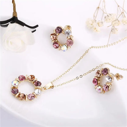 3pcs Gold Necklace Earrings Set Ladies Celebrity Simple Fashion Style Exquisite Stained Glass Diamond Circle Shape Jewelry