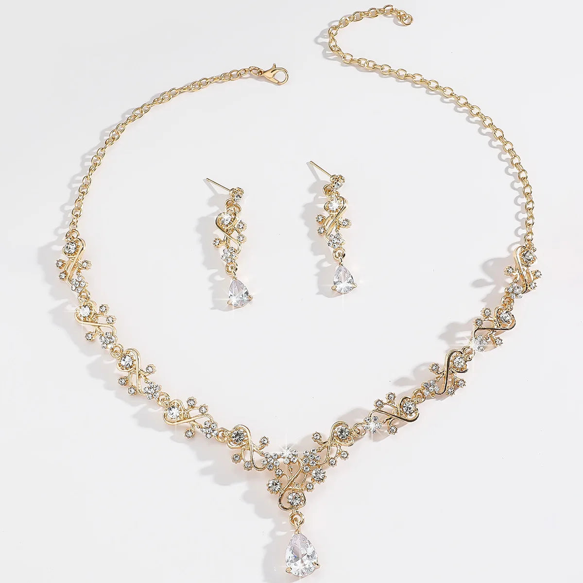 Gold Plated Crystal Jewelry Set for Women - Bridal Party Necklace Earrings Set with Teardrop Pendant