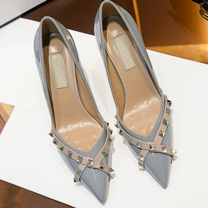 Metal Rivet Corss Tied High Heel Pumps Pointed Toe Thick Heel Matte Leather New Arrivals Fashion Women Modern Shoes