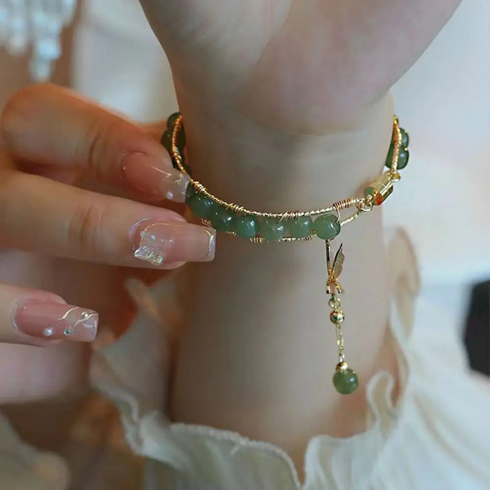 Round Jade Beaded Bracelet For Women Magnetic Bangle Butterfly Pendant Hand Chain Girls Exquisite Emerald Jewelry Birthday Gift